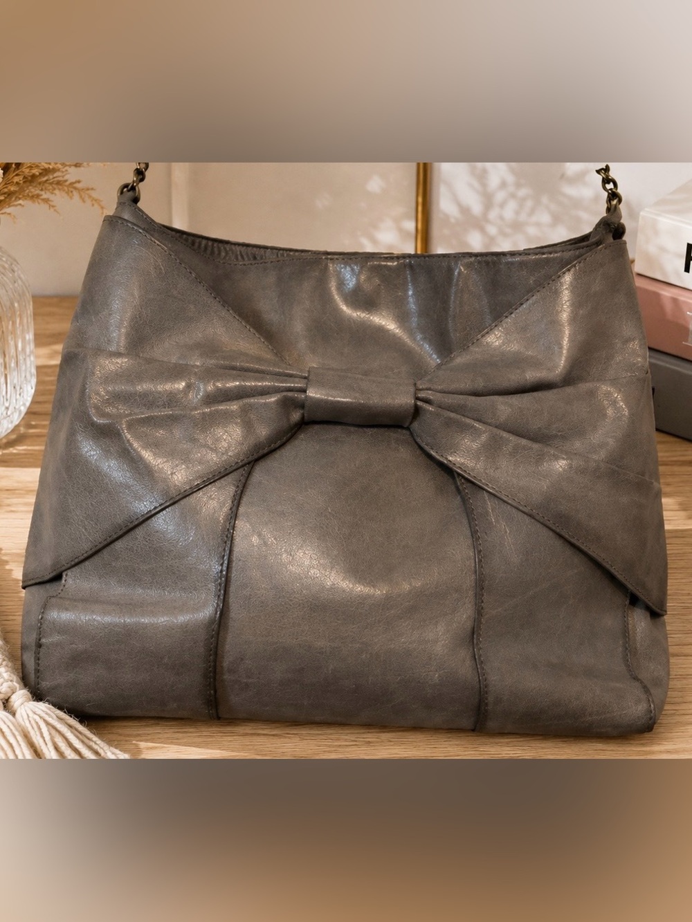 HOBO International Gray Leather Bow Shoulder Bag